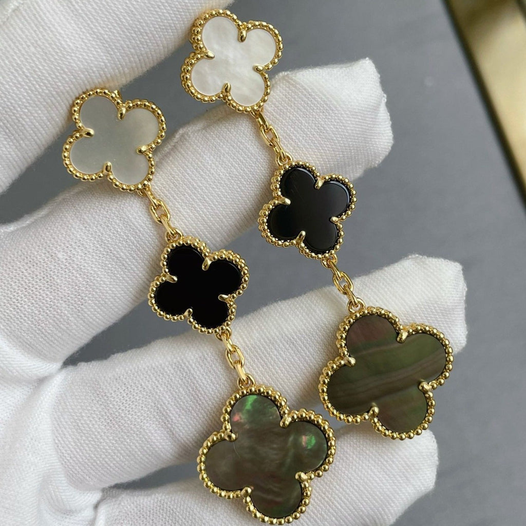 VCA CLOVER 3 MOTIF MOP ONYX DARK MOP PINK GOLD EARRINGS
