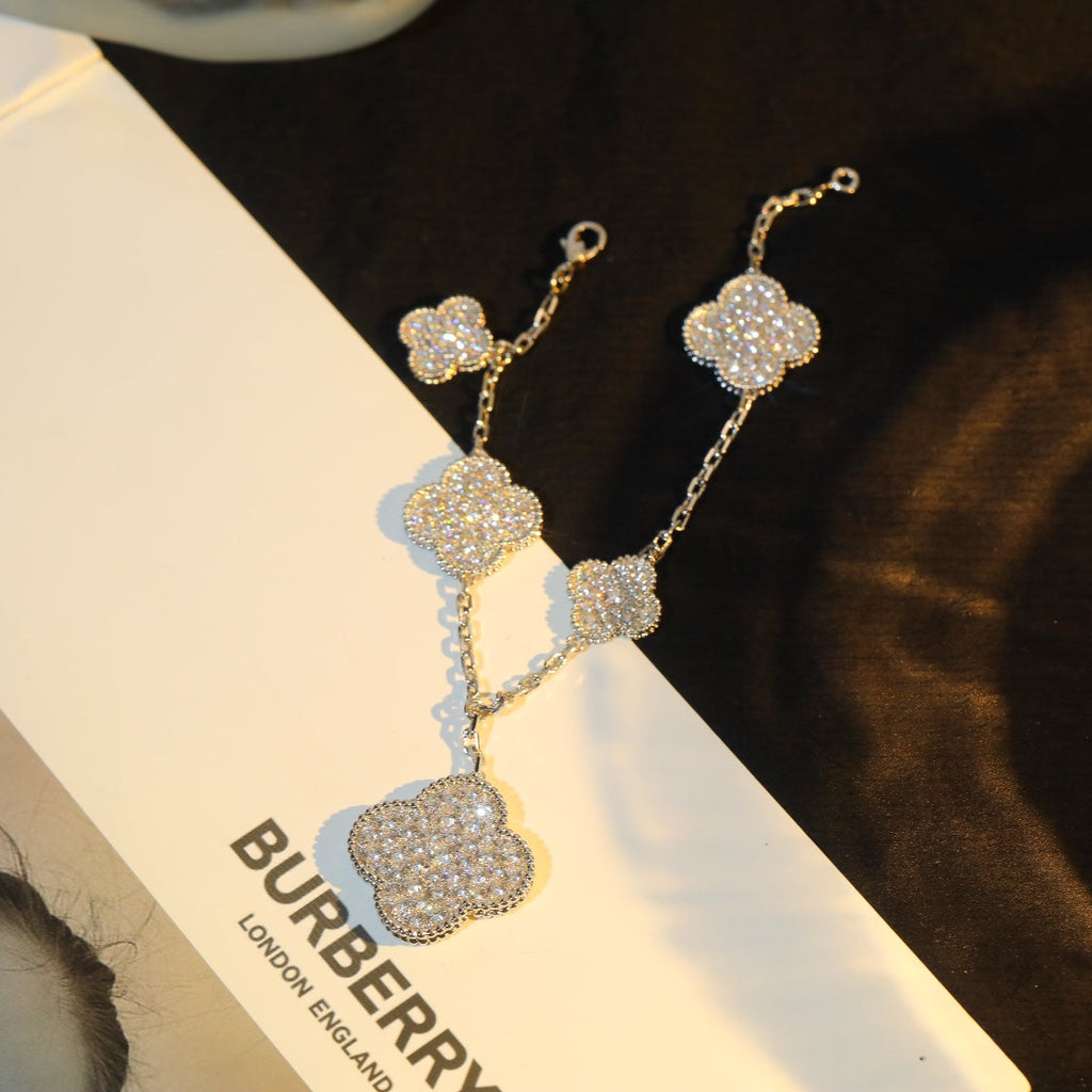 VCA CLOVER BRACELET 5 MOTIF SILVER DIAMOND PAVED